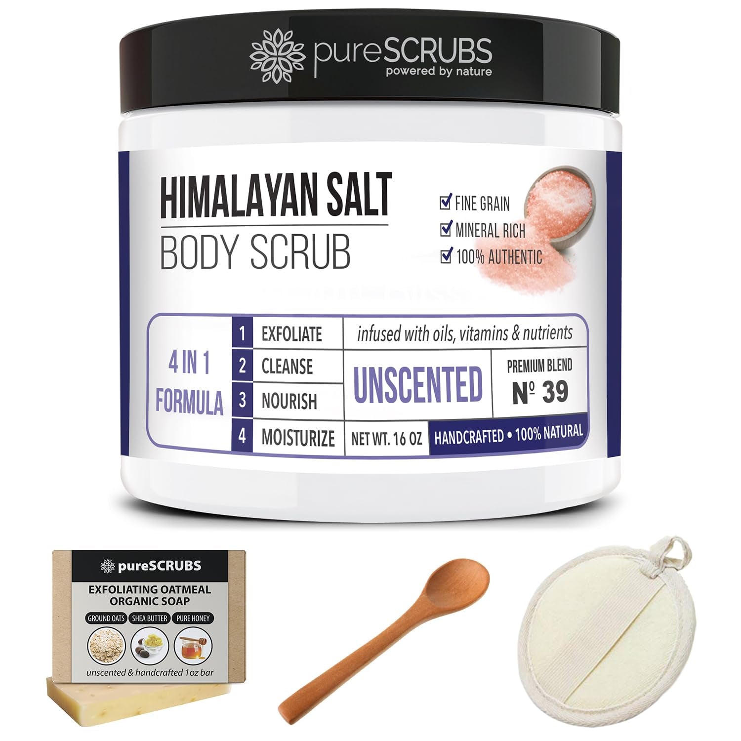 Premium Pink Himalayan Salt Body Scrub Set - Large 16Oz UNSCENTED SCRUB, Organic Essential Oils & Nutrients INCLUDES Wooden Stirring Spoon, Loofah & Mini Exfoliating Bar Soap