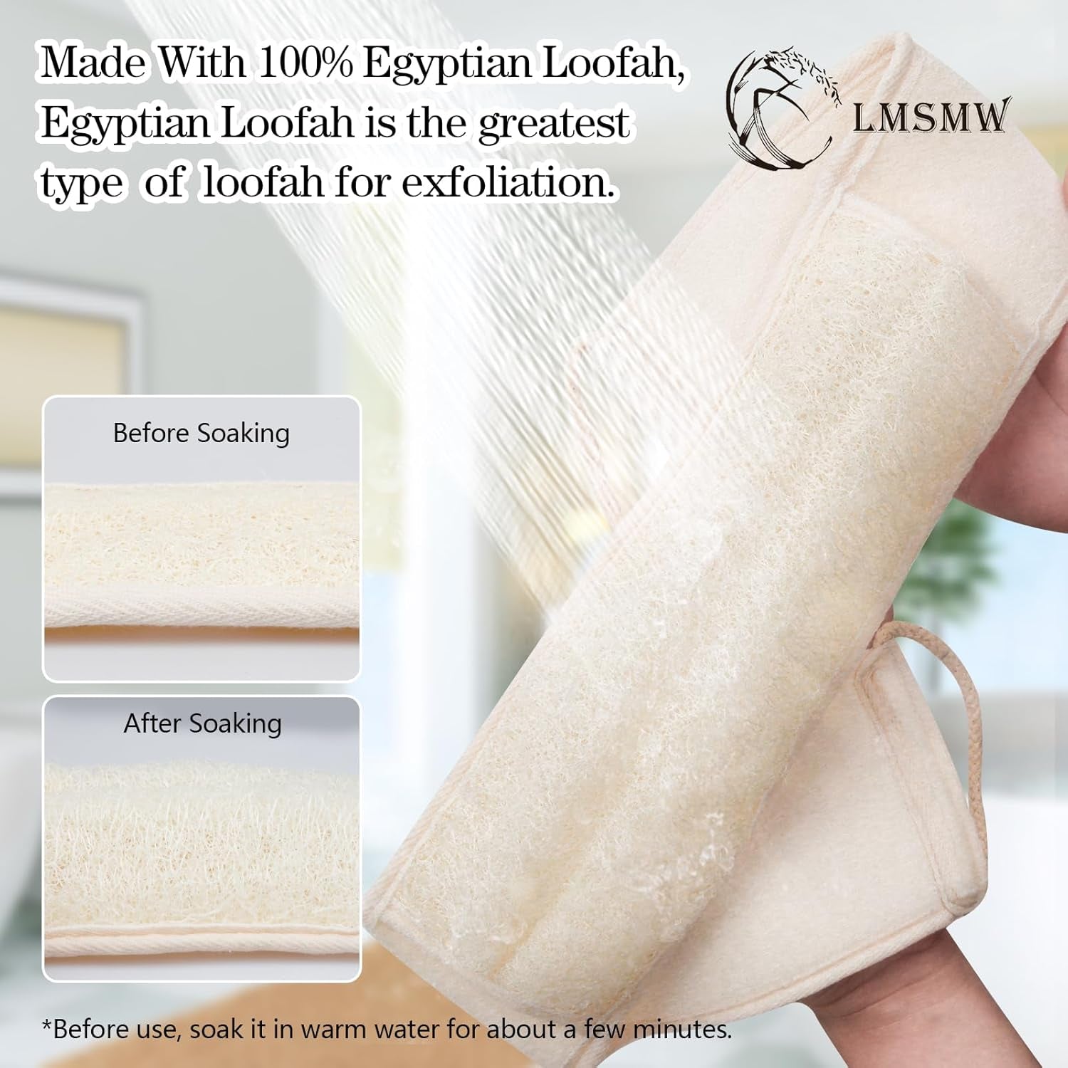 Natural Loofah Back Scrubber with Handle for Shower Bath - Exfoliating Luffa Back Sponge Loofa Body Washer Skin Exfoliator Dual-Sided for Men Women Deep Cleaning Exfoliation with Shower Strap