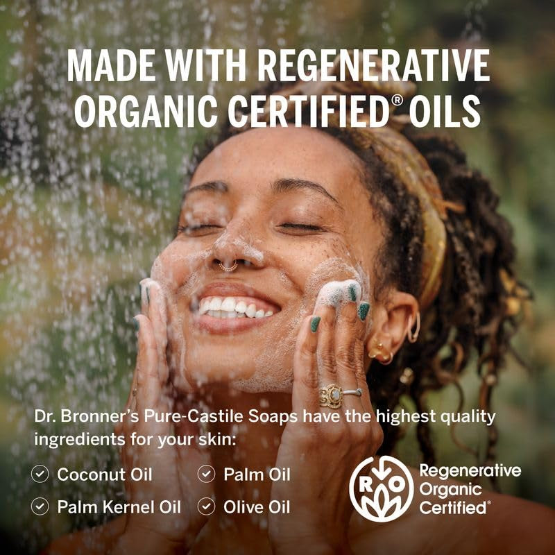 Pure-Castile Liquid Soap- Made with Regenerative Organic Certified Oils- 18-In-1 Uses for Face, Body, Hand, Hair, Laundry & More- Vegan, Non-Gmo- Body Wash- Peppermint,32Oz