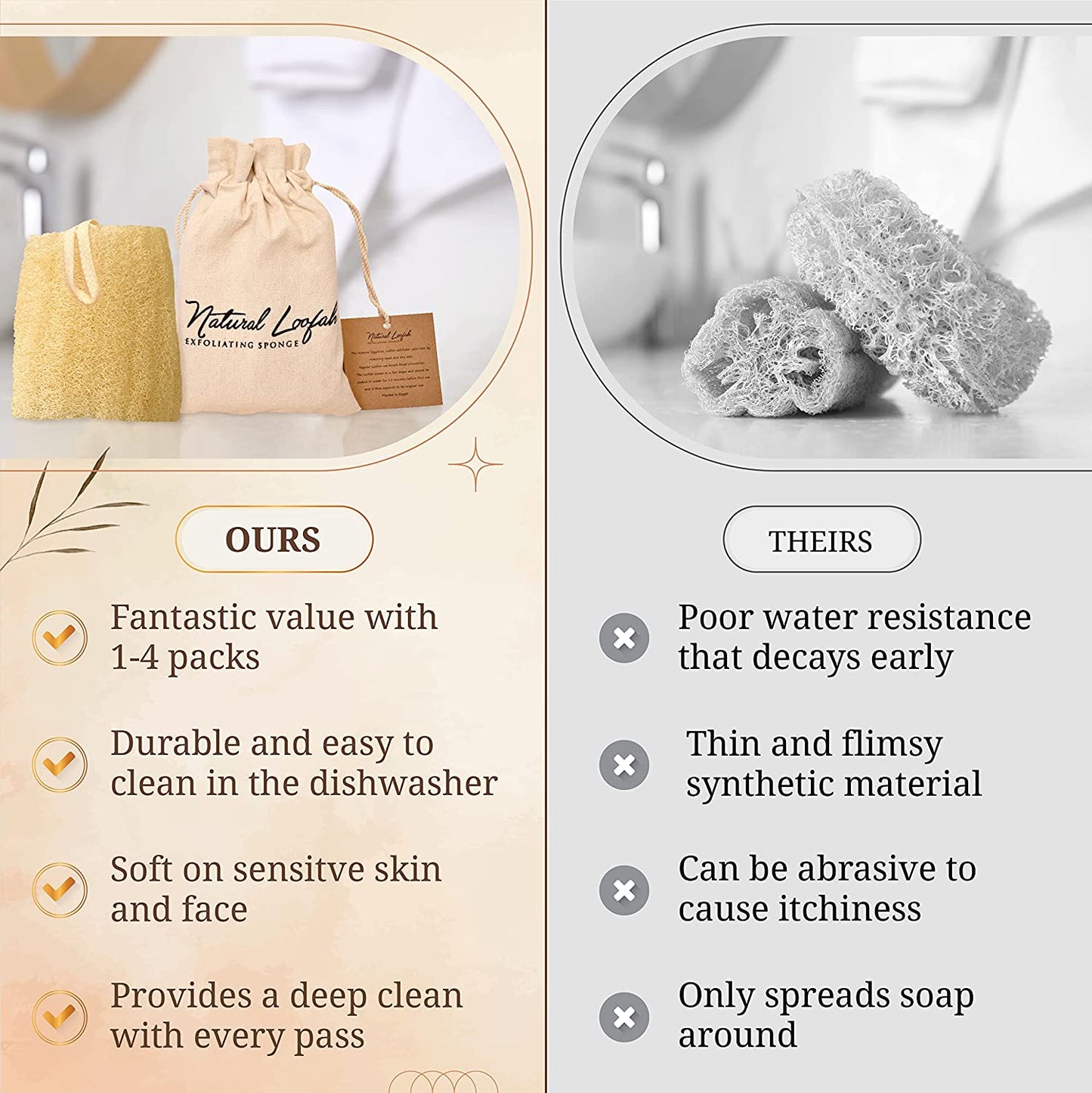All Natural Loofah Sponge, Pack of 3 Real Egyptian Bath & Shower Exfoliating Loofa Scrubber Sponges for Face, Back & Body, Eco Friendly, No Toxic Chemicals, 6" X 6" by Crafts of Egypt