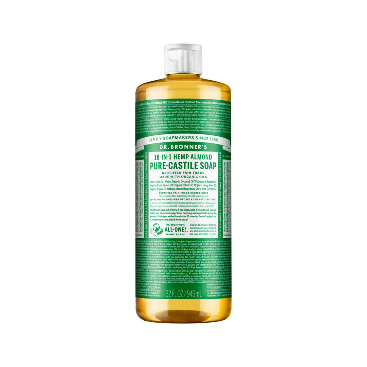 NEW Dr. Bronners Pure-Castile Soap Liquid 18-In-1 Hemp Almond 946Ml Dr Bronner'S