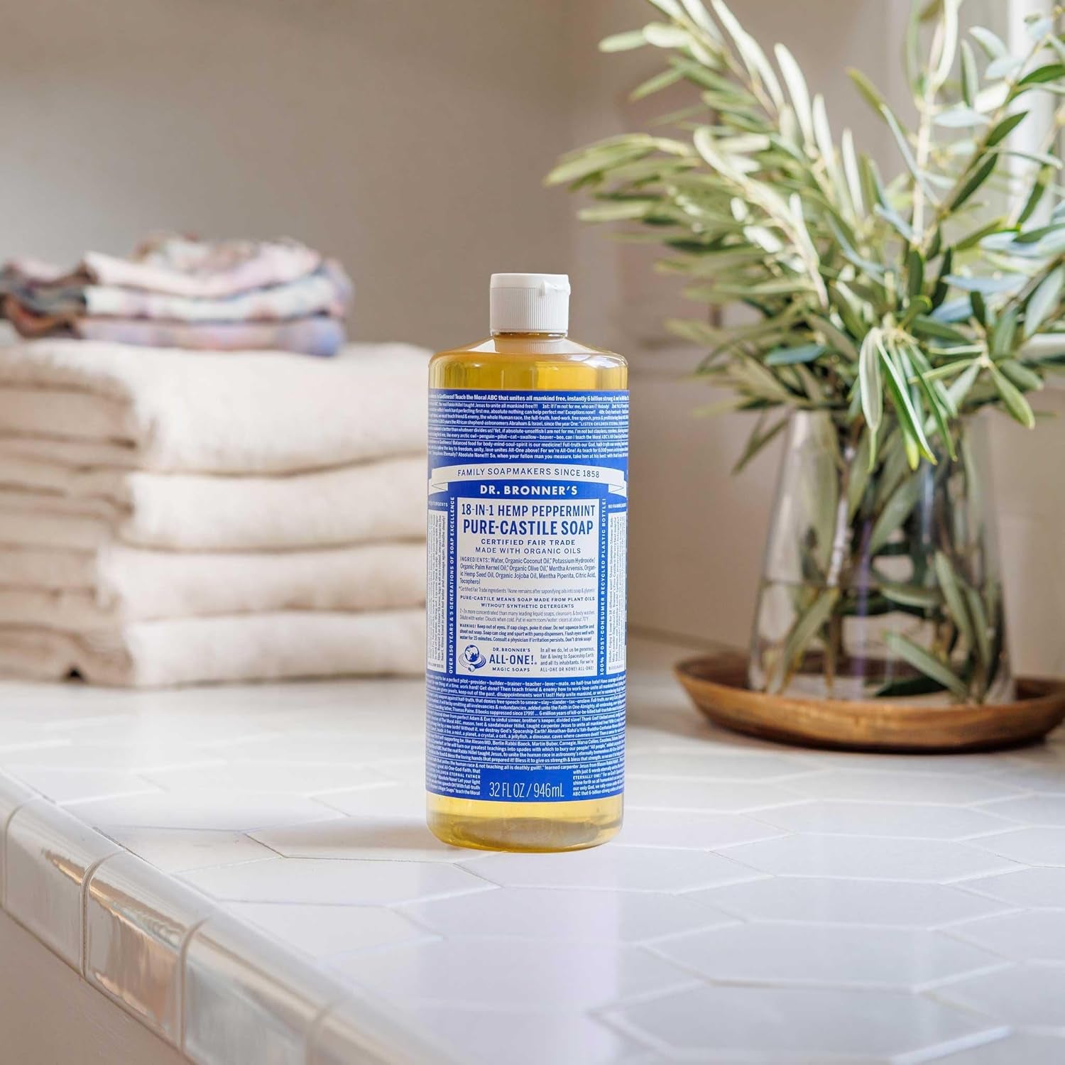 Pure-Castile Liquid Soap- Made with Regenerative Organic Certified Oils- 18-In-1 Uses for Face, Body, Hand, Hair, Laundry & More- Vegan, Non-Gmo- Body Wash- Peppermint,32Oz