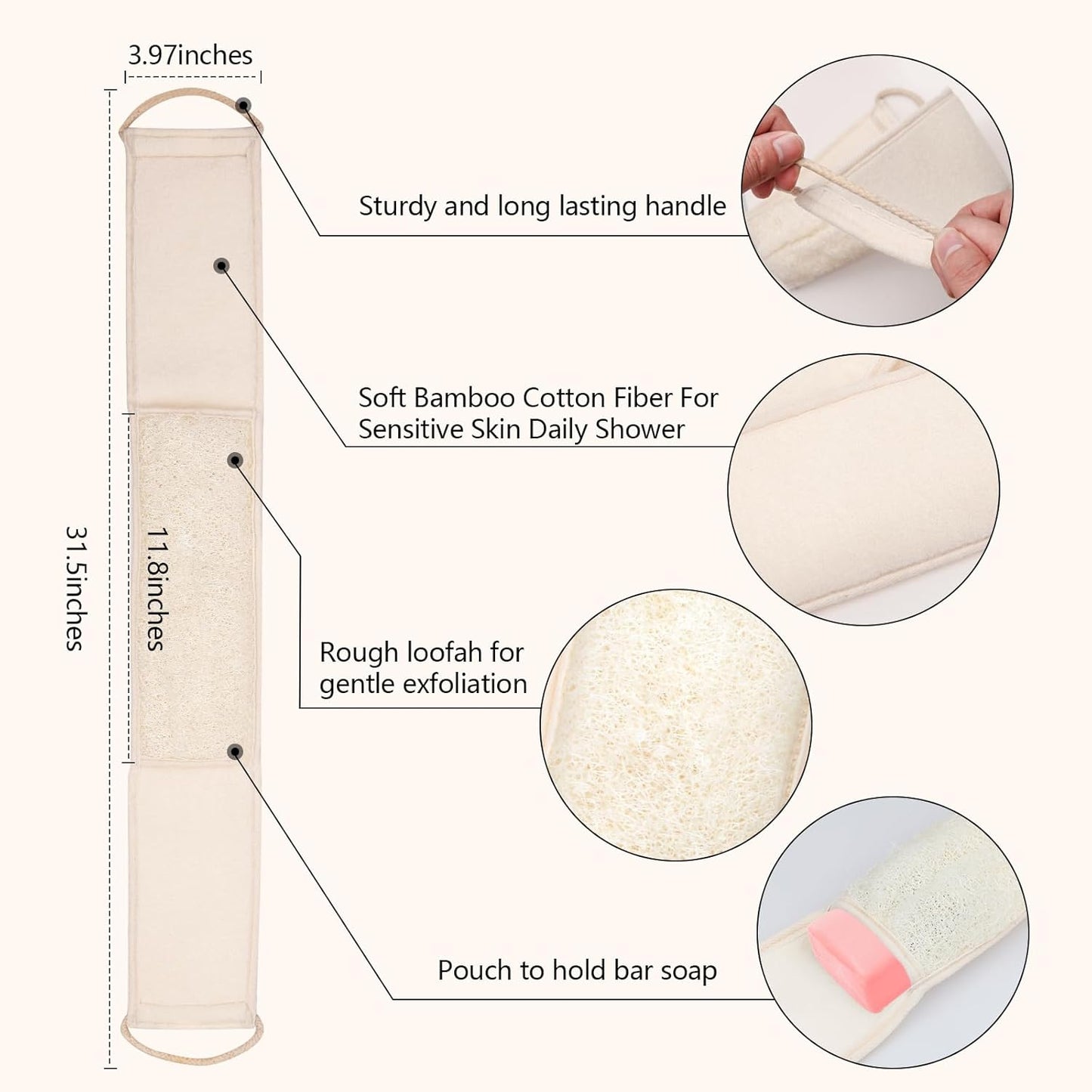 Natural Loofah Back Scrubber with Handle for Shower Bath - Exfoliating Luffa Back Sponge Loofa Body Washer Skin Exfoliator Dual-Sided for Men Women Deep Cleaning Exfoliation with Shower Strap