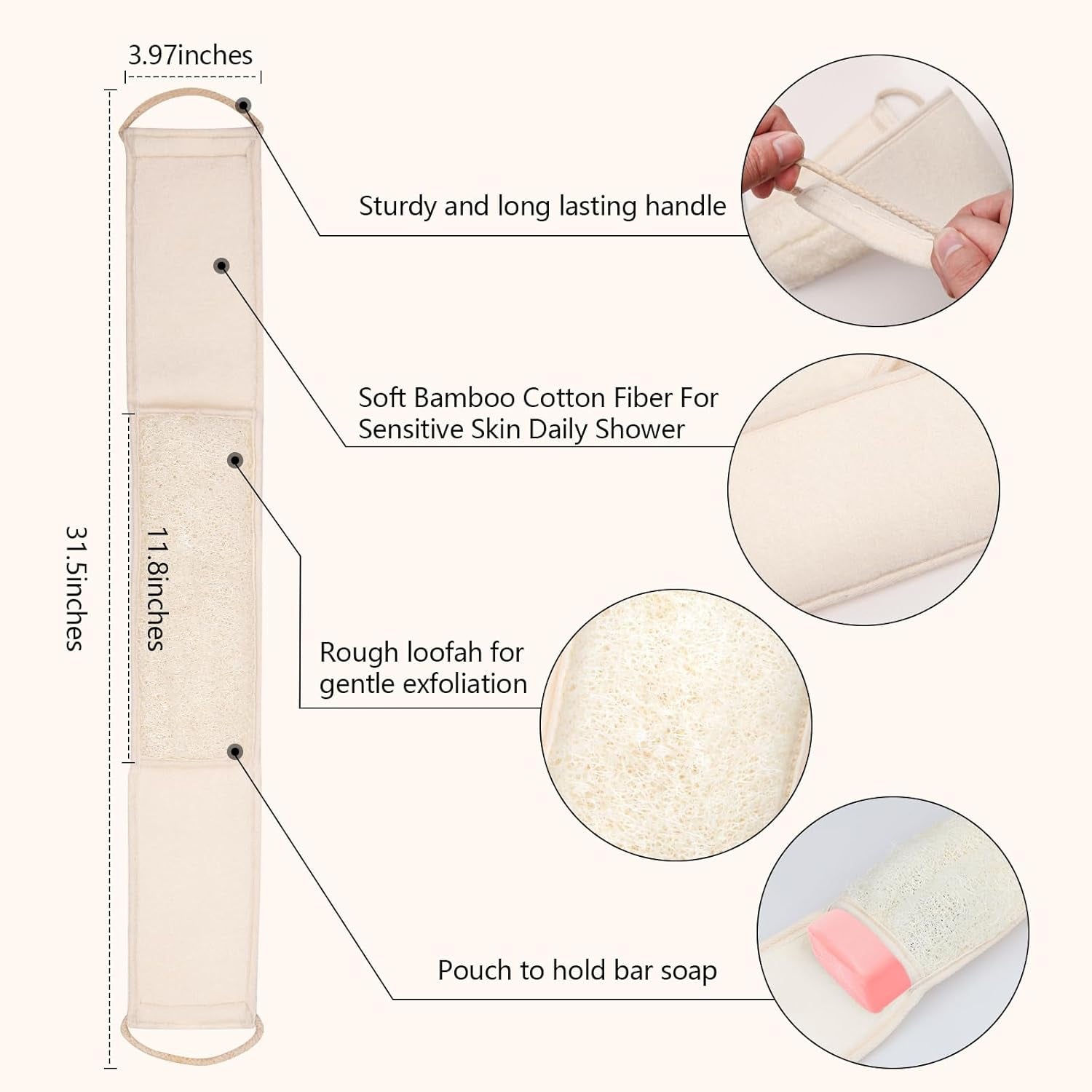 Natural Loofah Back Scrubber with Handle for Shower Bath - Exfoliating Luffa Back Sponge Loofa Body Washer Skin Exfoliator Dual-Sided for Men Women Deep Cleaning Exfoliation with Shower Strap