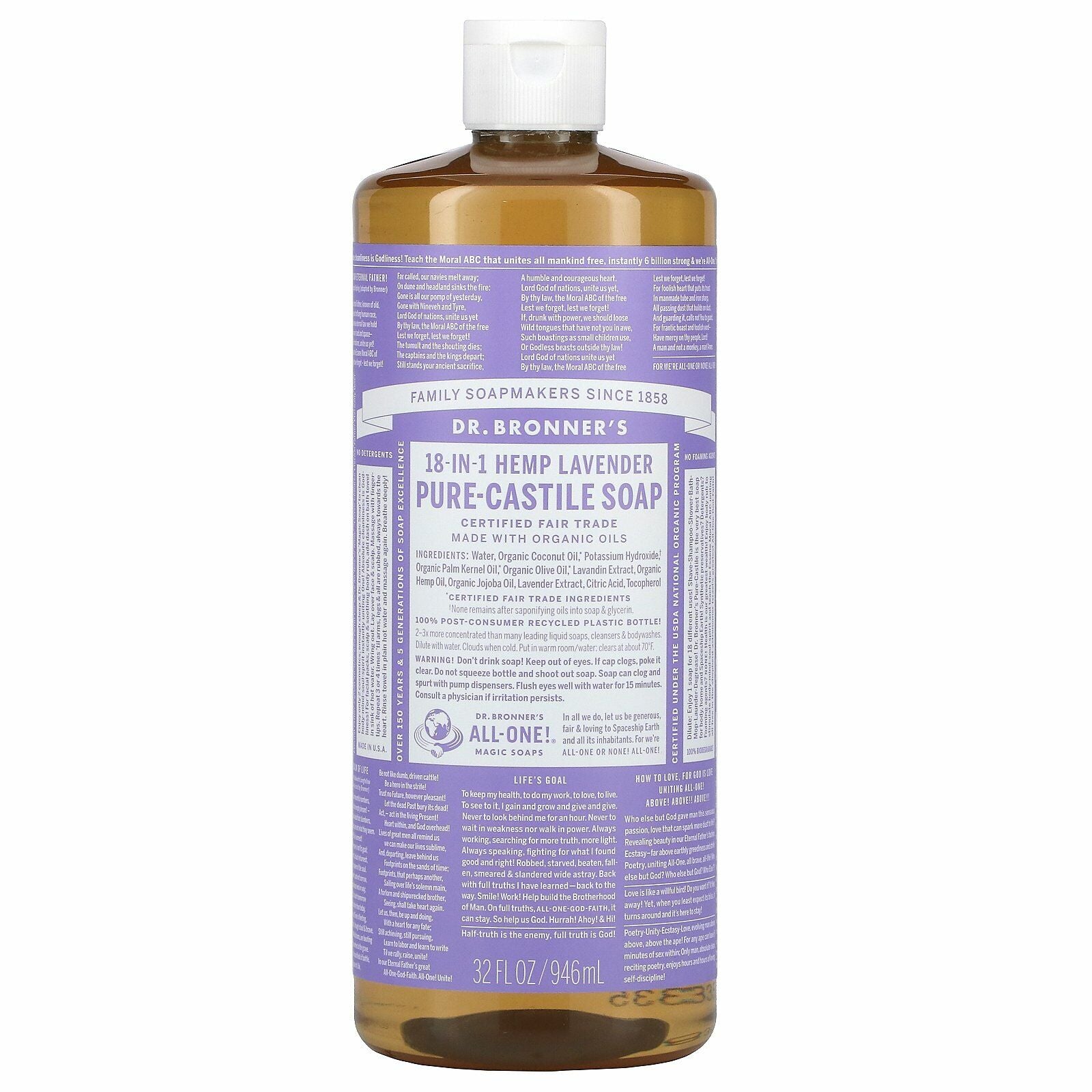 NEW Dr. Bronner'S Pure-Castile Soap Liquid 18-In-1 Hemp Lavender 946Ml Bronners