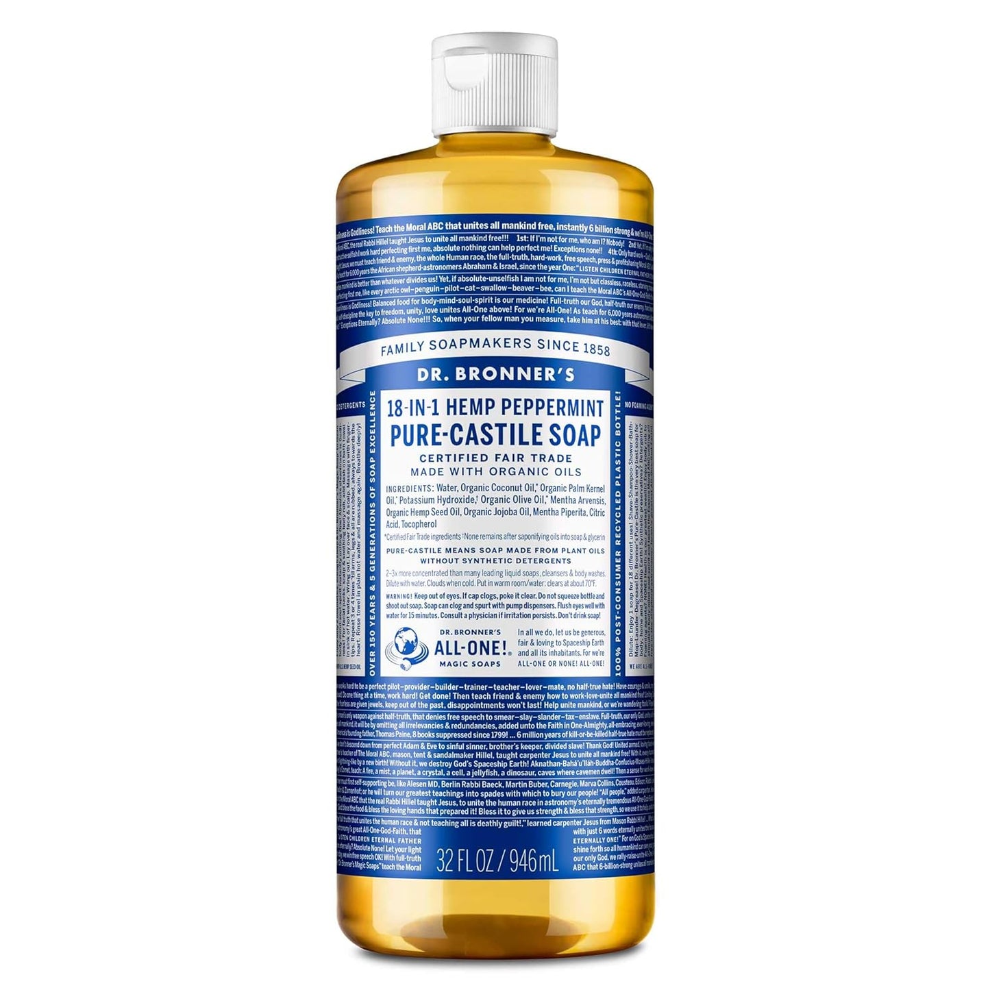 Pure-Castile Liquid Soap- Made with Regenerative Organic Certified Oils- 18-In-1 Uses for Face, Body, Hand, Hair, Laundry & More- Vegan, Non-Gmo- Body Wash- Peppermint,32Oz