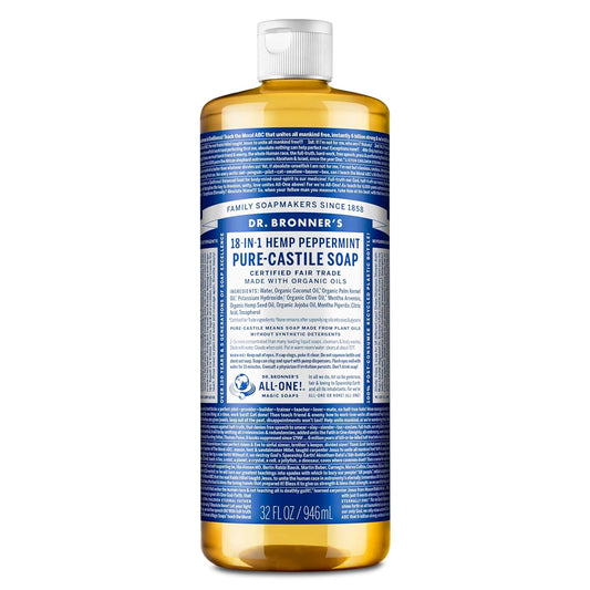 Pure-Castile Liquid Soap- Made with Regenerative Organic Certified Oils- 18-In-1 Uses for Face, Body, Hand, Hair, Laundry & More- Vegan, Non-Gmo- Body Wash- Peppermint,32Oz