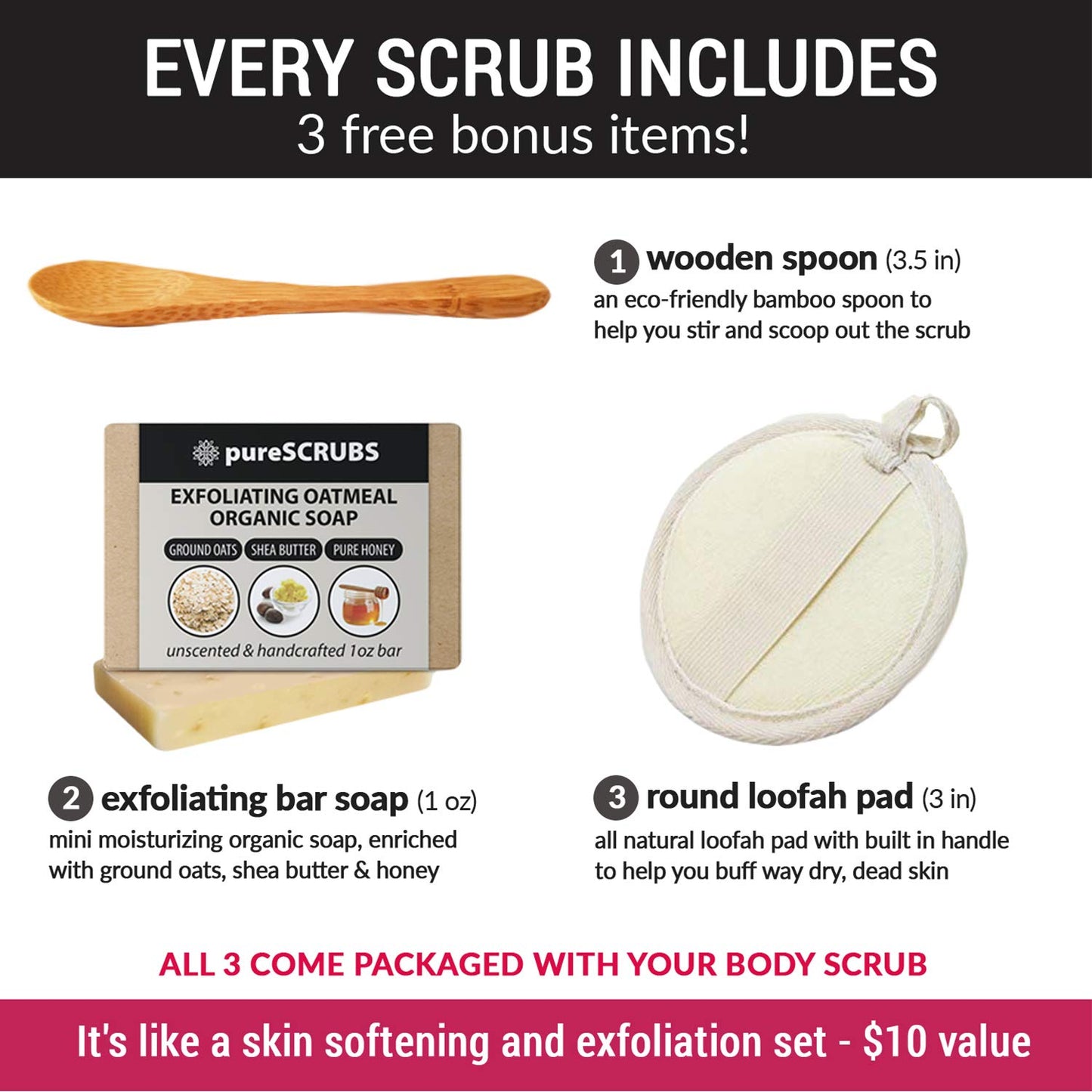 Premium Pink Himalayan Salt Body Scrub Set - Large 16Oz UNSCENTED SCRUB, Organic Essential Oils & Nutrients INCLUDES Wooden Stirring Spoon, Loofah & Mini Exfoliating Bar Soap