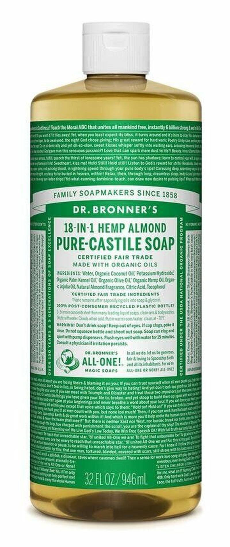 NEW Dr. Bronners Pure-Castile Soap Liquid 18-In-1 Hemp Almond 946Ml Dr Bronner'S