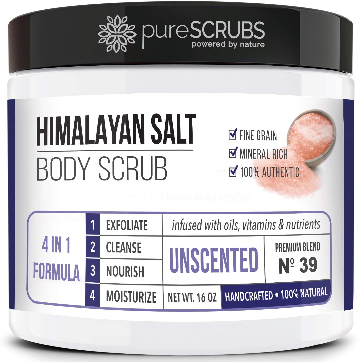 Premium Pink Himalayan Salt Body Scrub Set - Large 16Oz UNSCENTED SCRUB, Organic Essential Oils & Nutrients INCLUDES Wooden Stirring Spoon, Loofah & Mini Exfoliating Bar Soap
