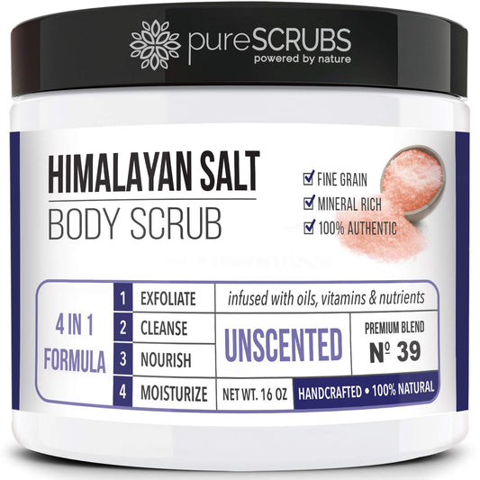 Premium Pink Himalayan Salt Body Scrub Set - Large 16Oz UNSCENTED SCRUB, Organic Essential Oils & Nutrients INCLUDES Wooden Stirring Spoon, Loofah & Mini Exfoliating Bar Soap